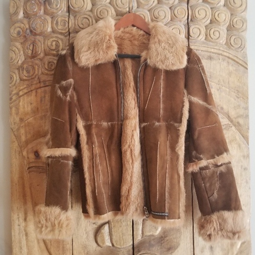 BROWN SUEDE/BEIGE REAL RABBIT FUR JACKET SIZE S